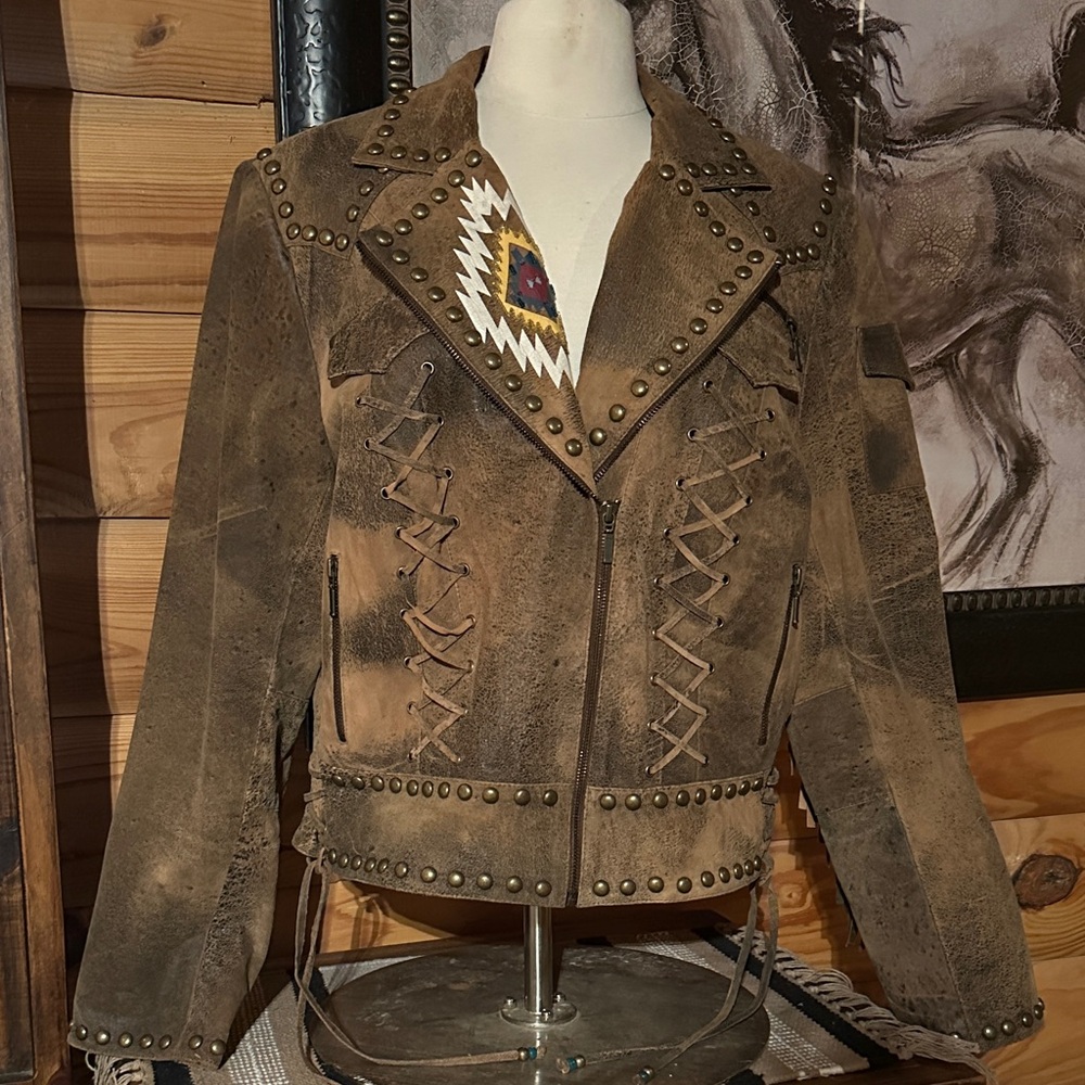 Double D Ranch Brown Leather Jacket with Native American Design - Picture 3 of 10